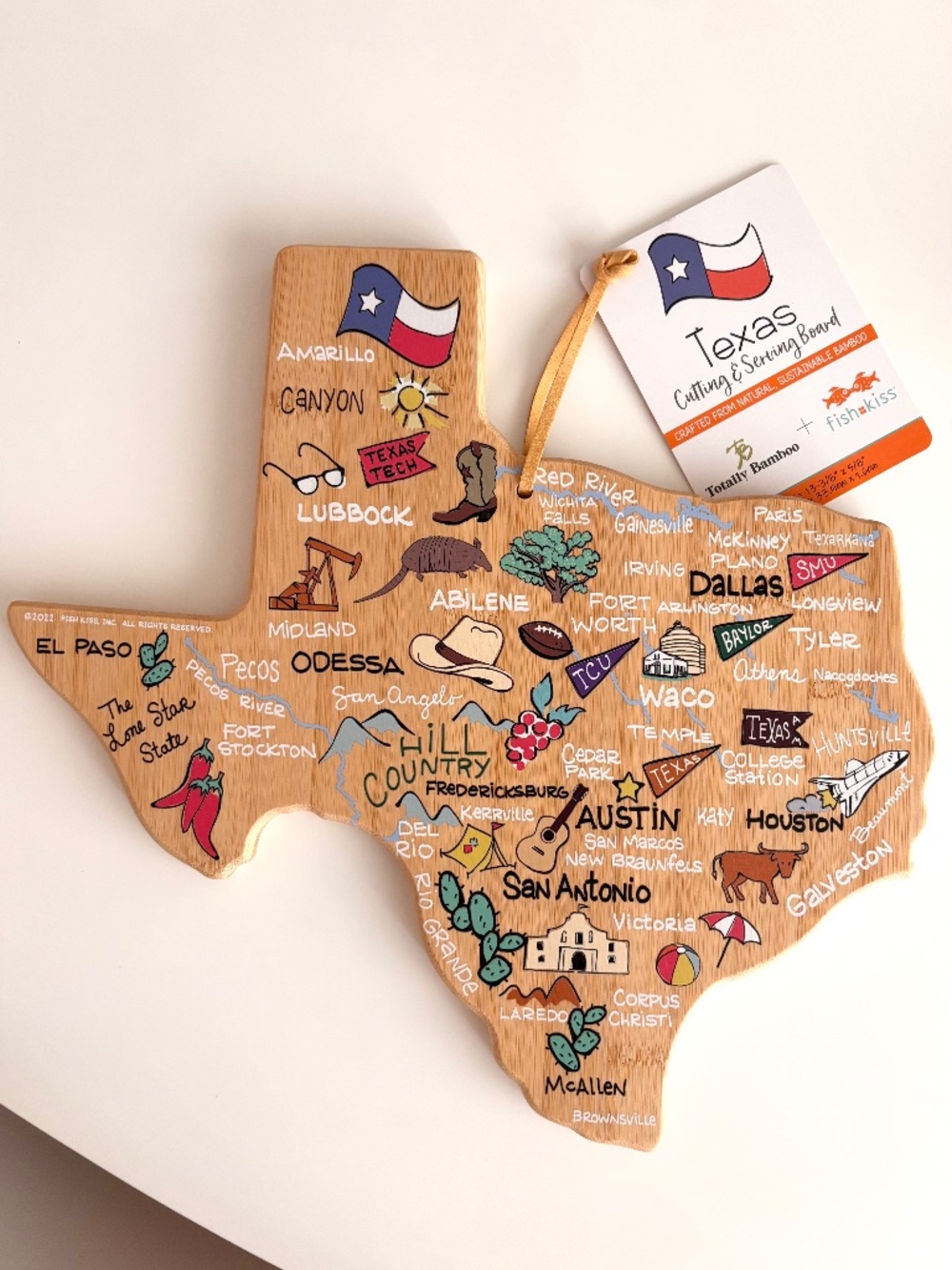 NWT Totally Bamboo Texas State Shaped Cutting Board with Artwork by Fish Kiss